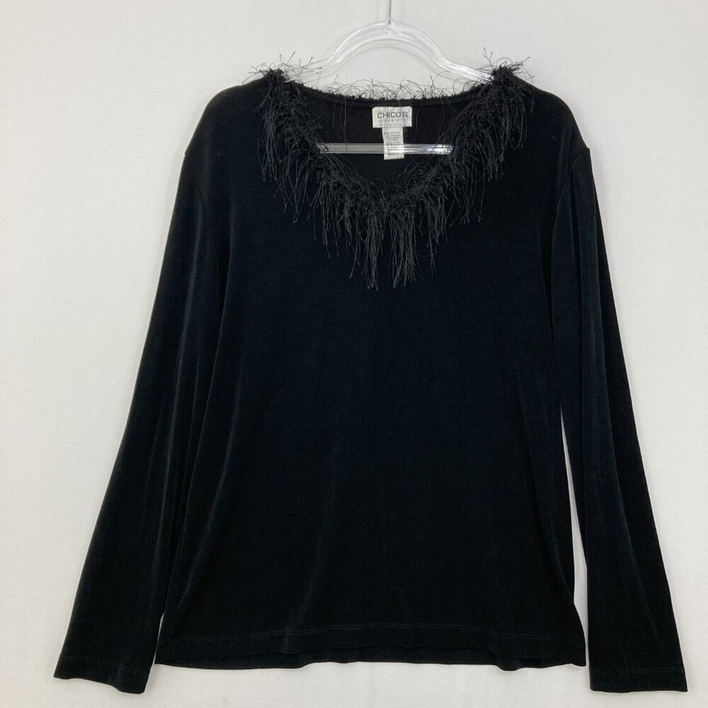 Chico's Travelers size XL/3‎ Slinky Knit Fur Neck Line Whimsigoth Stretch Top